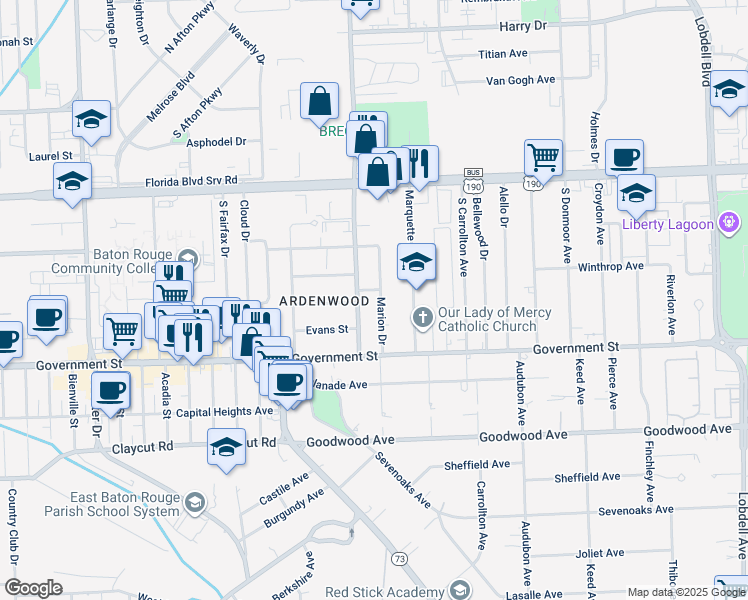 map of restaurants, bars, coffee shops, grocery stores, and more near 330 Marion Drive in Baton Rouge
