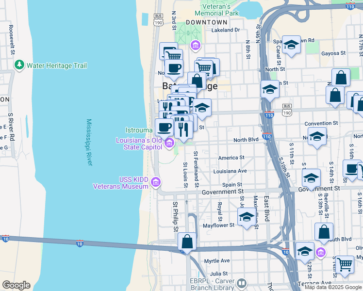 map of restaurants, bars, coffee shops, grocery stores, and more near 22 Saint Louis Street in Baton Rouge