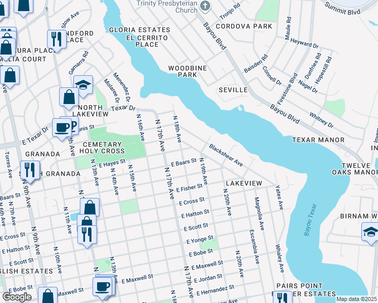 map of restaurants, bars, coffee shops, grocery stores, and more near 1811 East Hayes Street in Pensacola