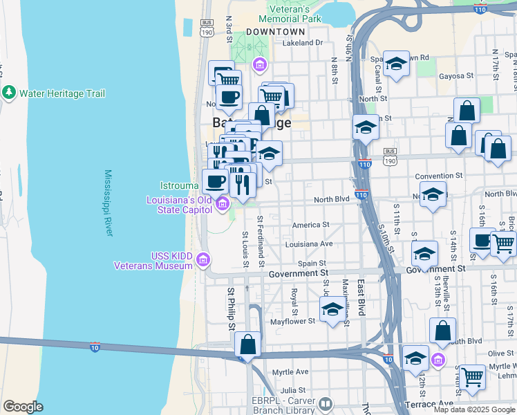 map of restaurants, bars, coffee shops, grocery stores, and more near 100 Saint Ferdinand Street in Baton Rouge