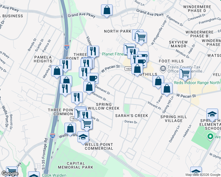 map of restaurants, bars, coffee shops, grocery stores, and more near 1447 Roxanne's Run in Pflugerville