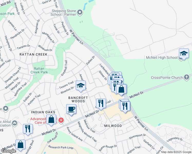 map of restaurants, bars, coffee shops, grocery stores, and more near 6704 Hondo Bend in Austin