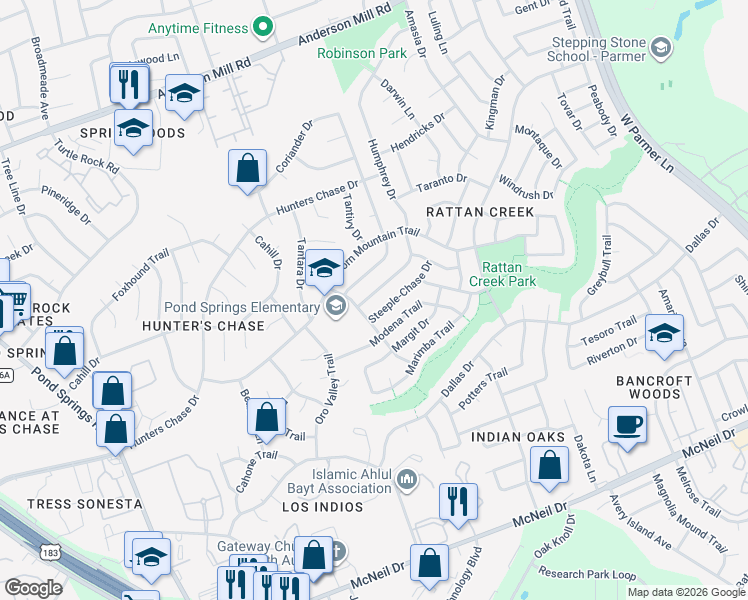map of restaurants, bars, coffee shops, grocery stores, and more near 12809 Humphrey Drive in Austin