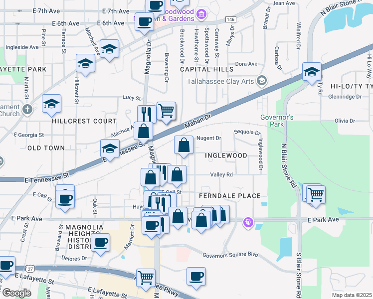 map of restaurants, bars, coffee shops, grocery stores, and more near 401 Office Plaza Drive in Tallahassee