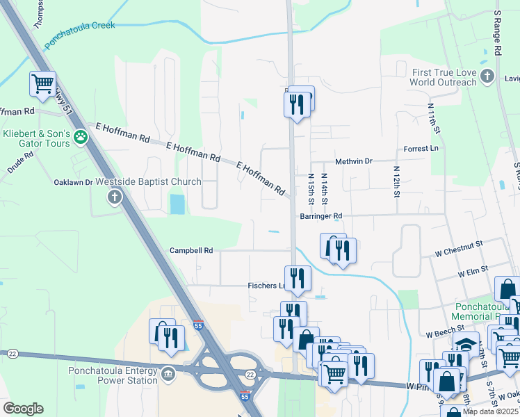 map of restaurants, bars, coffee shops, grocery stores, and more near 827 Eden Oaks Drive in Ponchatoula