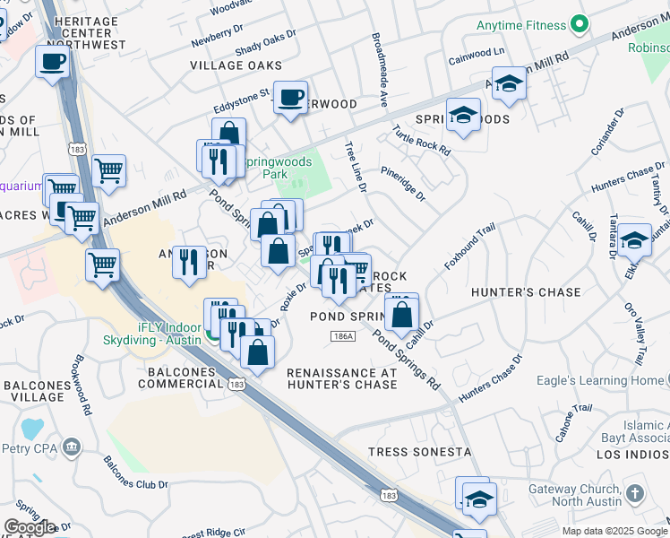map of restaurants, bars, coffee shops, grocery stores, and more near 8907 Schick Road in Austin