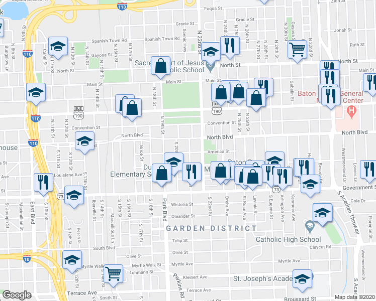 map of restaurants, bars, coffee shops, grocery stores, and more near 162 Camelio Avenue in Baton Rouge