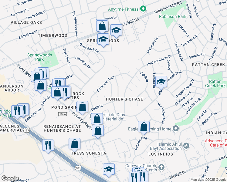 map of restaurants, bars, coffee shops, grocery stores, and more near 12513 Deer Falls Drive in Austin