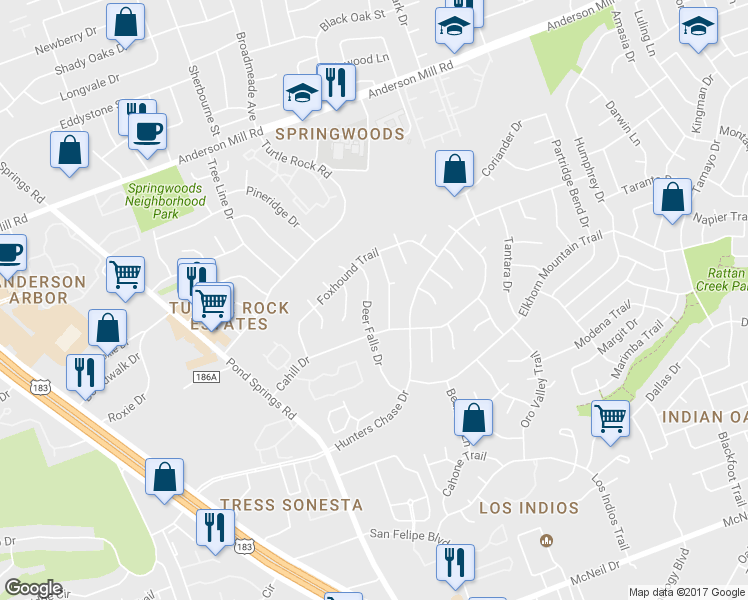 map of restaurants, bars, coffee shops, grocery stores, and more near 12513 Deer Falls Drive in Austin