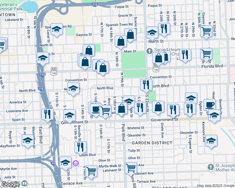 map of restaurants, bars, coffee shops, grocery stores, and more near 1817 America Street in Baton Rouge