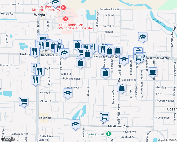 map of restaurants, bars, coffee shops, grocery stores, and more near 205 Summer Lane in Fort Walton Beach