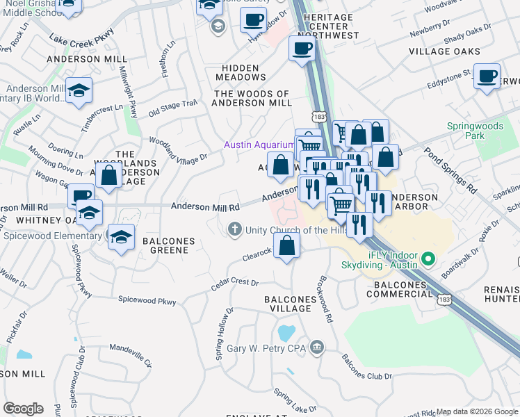 map of restaurants, bars, coffee shops, grocery stores, and more near 9805 Anderson Mill Road in Austin