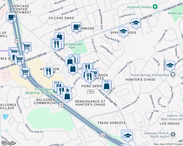 map of restaurants, bars, coffee shops, grocery stores, and more near 12314 Abney Drive in Austin