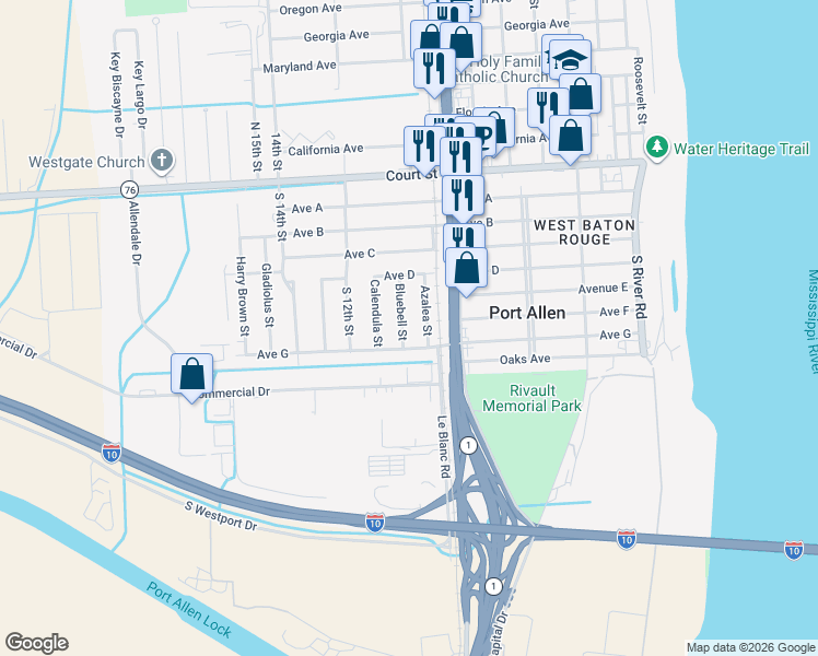 map of restaurants, bars, coffee shops, grocery stores, and more near 710 Bluebell Street in Port Allen
