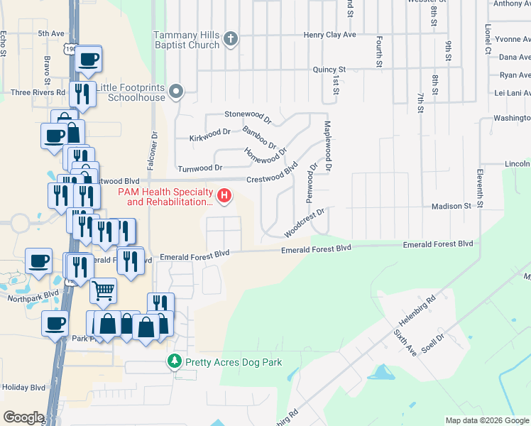 map of restaurants, bars, coffee shops, grocery stores, and more near 131 Woodcrest Drive in Covington