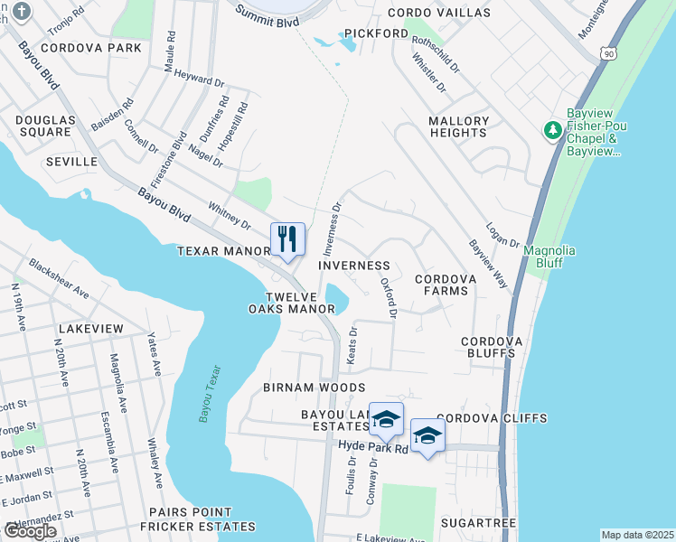 map of restaurants, bars, coffee shops, grocery stores, and more near 2830 Belle Christiane Circle in Pensacola