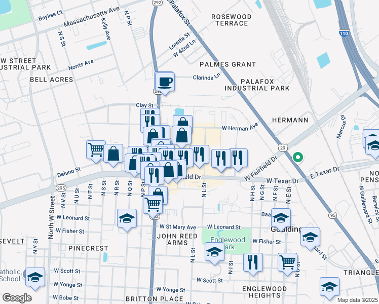 map of restaurants, bars, coffee shops, grocery stores, and more near 3648 North M Street in Pensacola