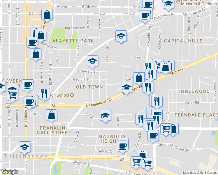 map of restaurants, bars, coffee shops, grocery stores, and more near 437 Hillcrest Street in Tallahassee