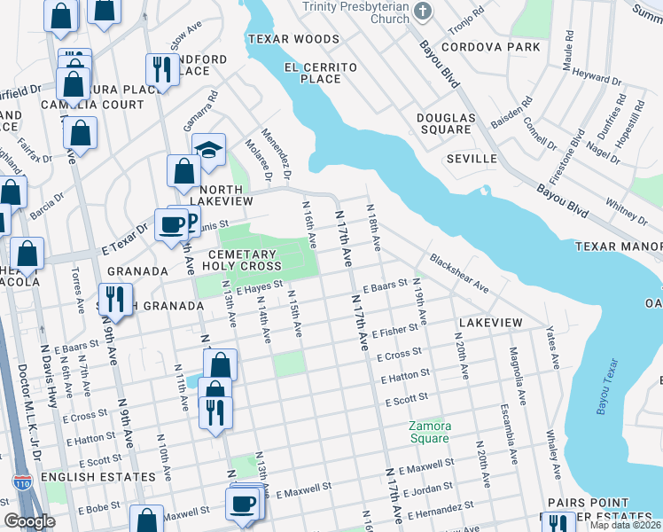 map of restaurants, bars, coffee shops, grocery stores, and more near 1640 E Hayes St in Pensacola