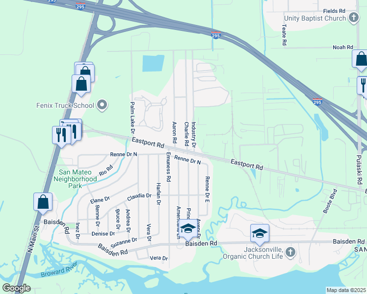 map of restaurants, bars, coffee shops, grocery stores, and more near 563 Eastport Road in Jacksonville