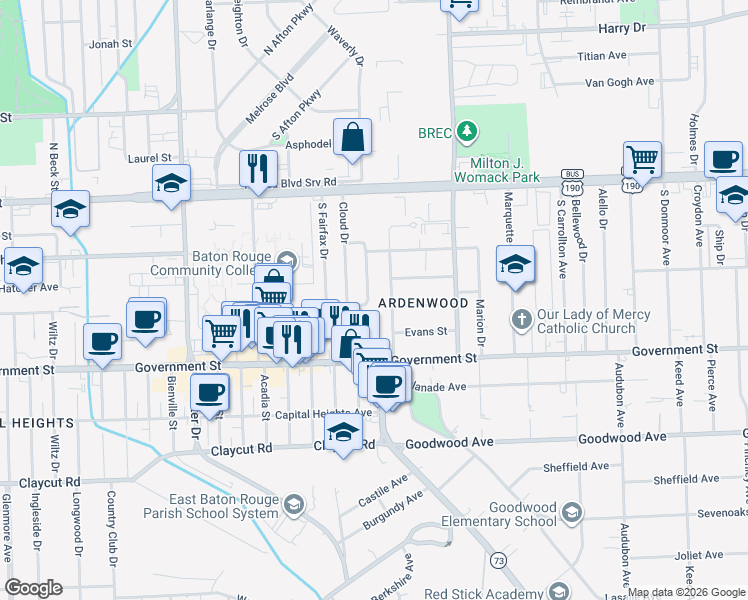 map of restaurants, bars, coffee shops, grocery stores, and more near 365 S Waverly Dr in Baton Rouge