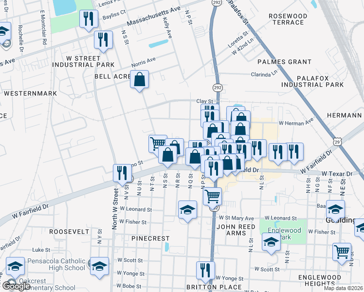 map of restaurants, bars, coffee shops, grocery stores, and more near 2301 Town Street in Pensacola