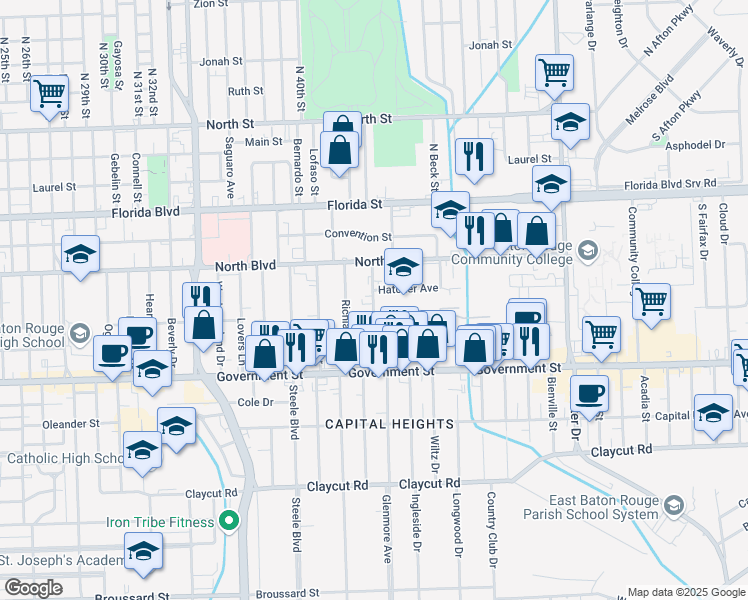 map of restaurants, bars, coffee shops, grocery stores, and more near 241 Edison Street in Baton Rouge