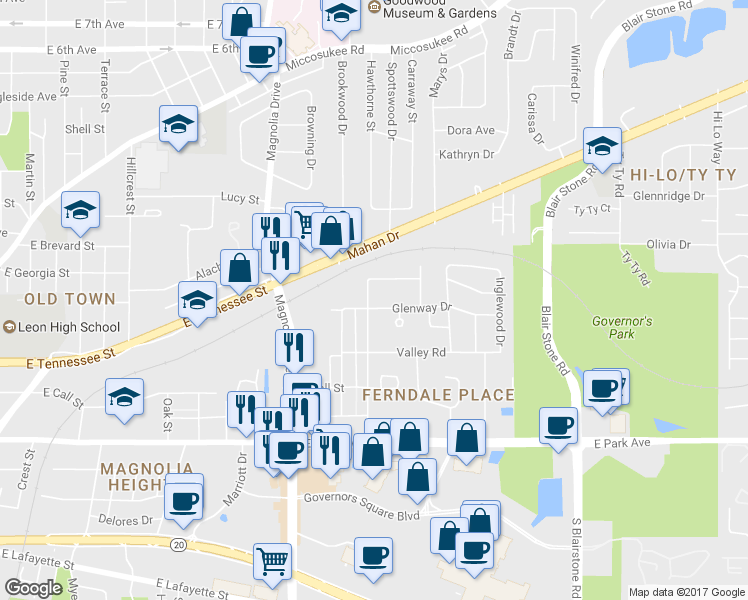 map of restaurants, bars, coffee shops, grocery stores, and more near 1502 Glenway Drive in Tallahassee