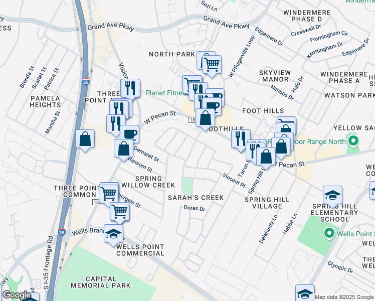 map of restaurants, bars, coffee shops, grocery stores, and more near 15516 Sarah's Creek Drive in Pflugerville