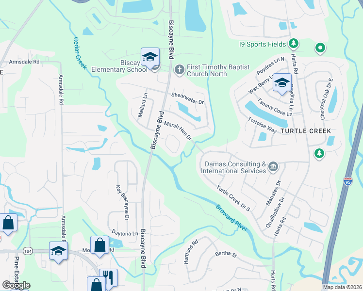 map of restaurants, bars, coffee shops, grocery stores, and more near 1305 Eagle Cove Road in Jacksonville