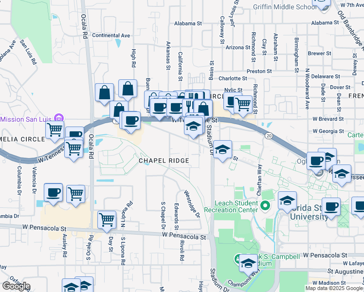 map of restaurants, bars, coffee shops, grocery stores, and more near 1707 West Call Street in Tallahassee