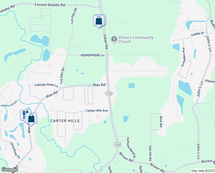 map of restaurants, bars, coffee shops, grocery stores, and more near 26087 Juban Road in Denham Springs