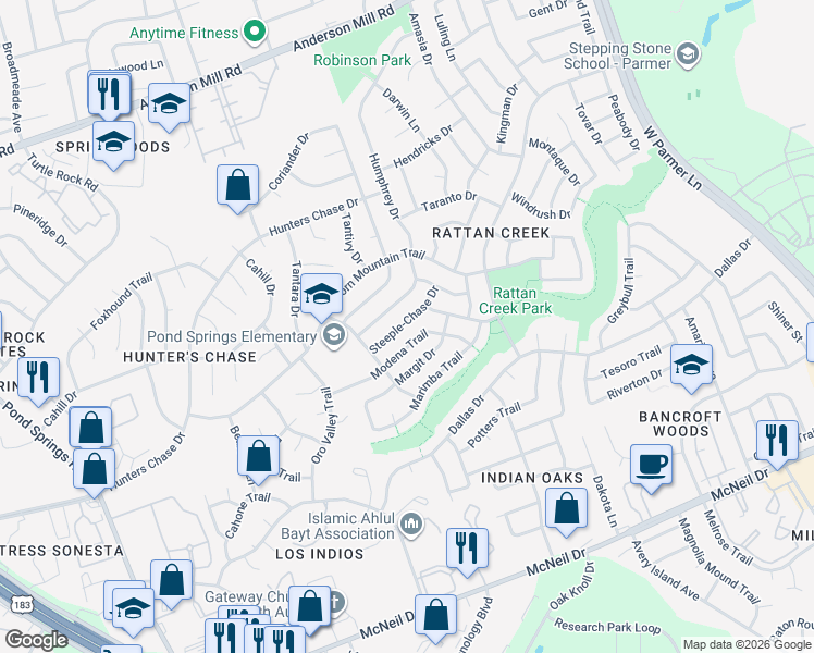 map of restaurants, bars, coffee shops, grocery stores, and more near 12913 Steeple-Chase Drive in Austin