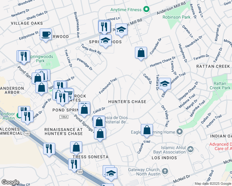 map of restaurants, bars, coffee shops, grocery stores, and more near 12513 Deer Falls Drive in Austin