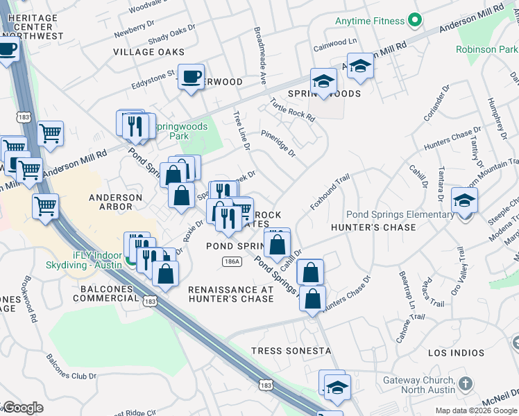 map of restaurants, bars, coffee shops, grocery stores, and more near 8710 Schick Road in Austin