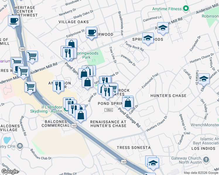 map of restaurants, bars, coffee shops, grocery stores, and more near 8907 Schick Road in Austin