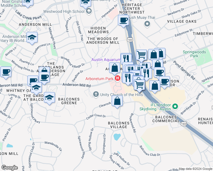 map of restaurants, bars, coffee shops, grocery stores, and more near 9805 Anderson Mill Road in Austin