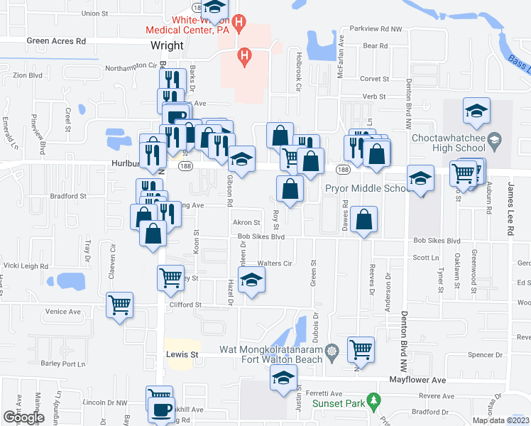 map of restaurants, bars, coffee shops, grocery stores, and more near 815 Oakridge Rd in Fort Walton Beach