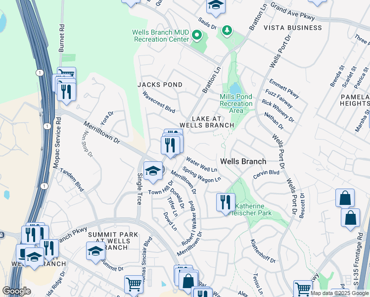 map of restaurants, bars, coffee shops, grocery stores, and more near 2507 Wood Chase Trail in Austin
