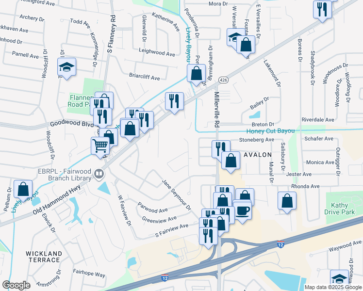map of restaurants, bars, coffee shops, grocery stores, and more near 1342 Tallwood Drive in Baton Rouge