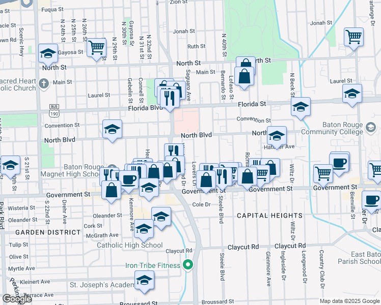 map of restaurants, bars, coffee shops, grocery stores, and more near 220 Lovers Lane in Baton Rouge