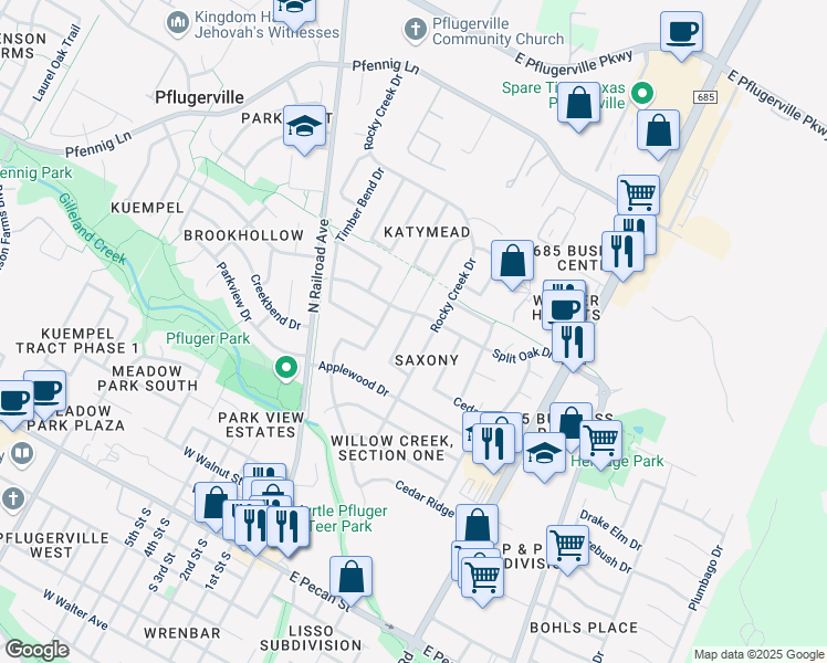map of restaurants, bars, coffee shops, grocery stores, and more near 1013 Pecan Creek Drive in Pflugerville