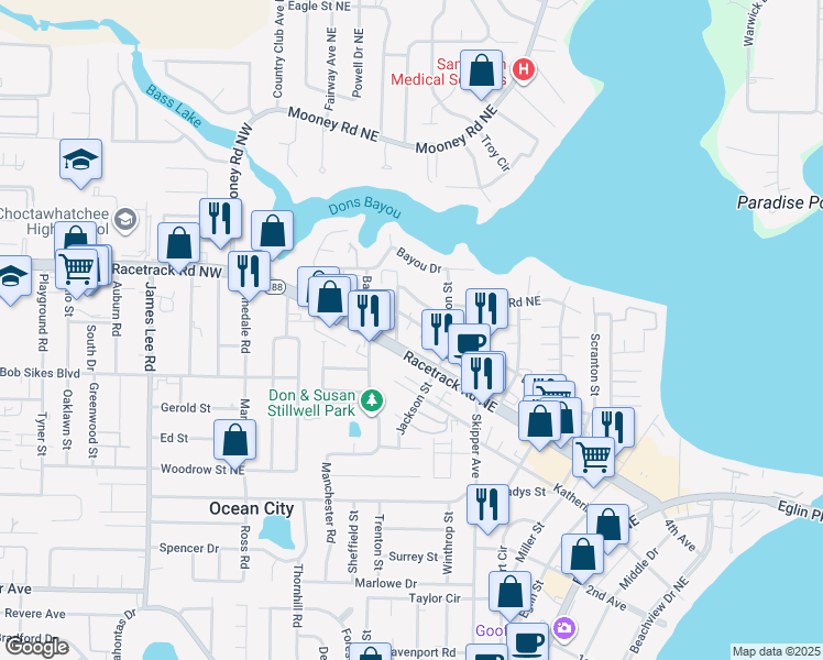 map of restaurants, bars, coffee shops, grocery stores, and more near 215b Truman Street in Fort Walton Beach