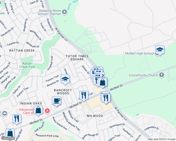 map of restaurants, bars, coffee shops, grocery stores, and more near 6600 Shiner St in Austin