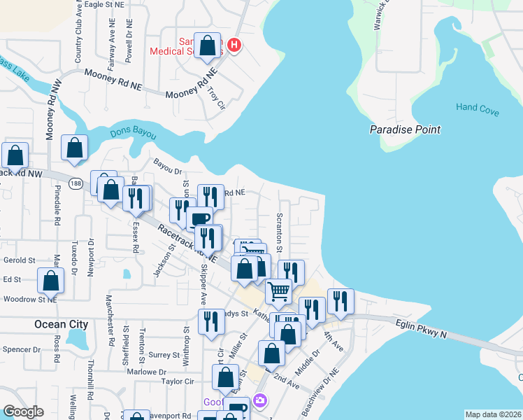map of restaurants, bars, coffee shops, grocery stores, and more near 156 Rickey Avenue in Fort Walton Beach