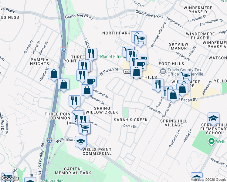 map of restaurants, bars, coffee shops, grocery stores, and more near 1408 Roxanne's Run in Pflugerville