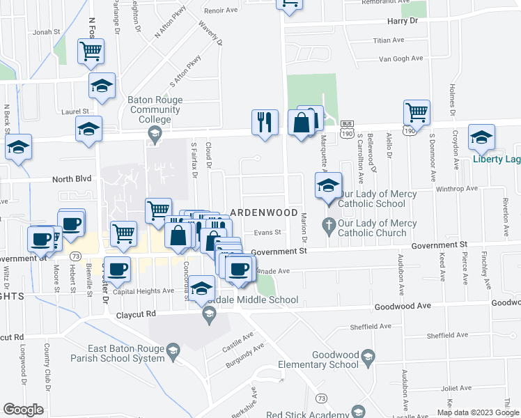 map of restaurants, bars, coffee shops, grocery stores, and more near 5883 Arden Place in Baton Rouge
