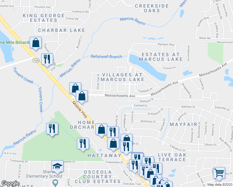 map of restaurants, bars, coffee shops, grocery stores, and more near 3232 2 Sisters Way in Pensacola