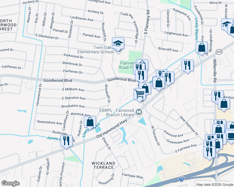 map of restaurants, bars, coffee shops, grocery stores, and more near 1237 Trammell Drive in Baton Rouge