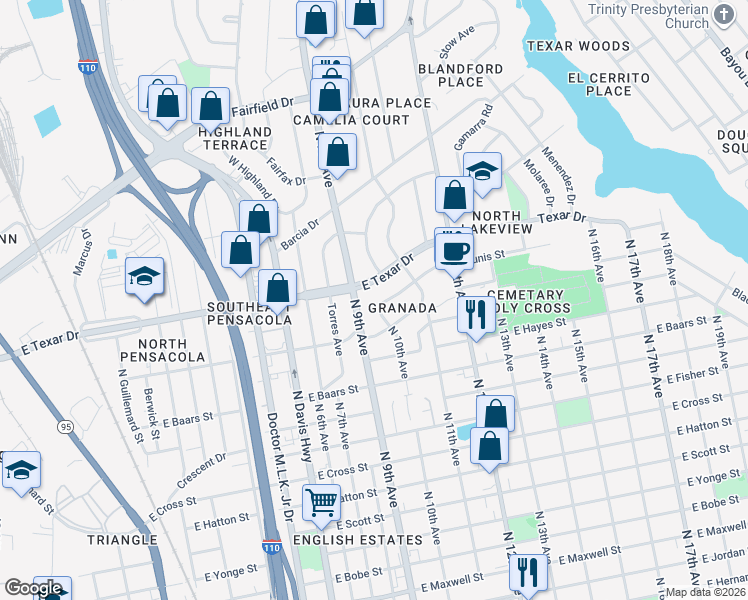 map of restaurants, bars, coffee shops, grocery stores, and more near 1008 Tunis Street in Pensacola